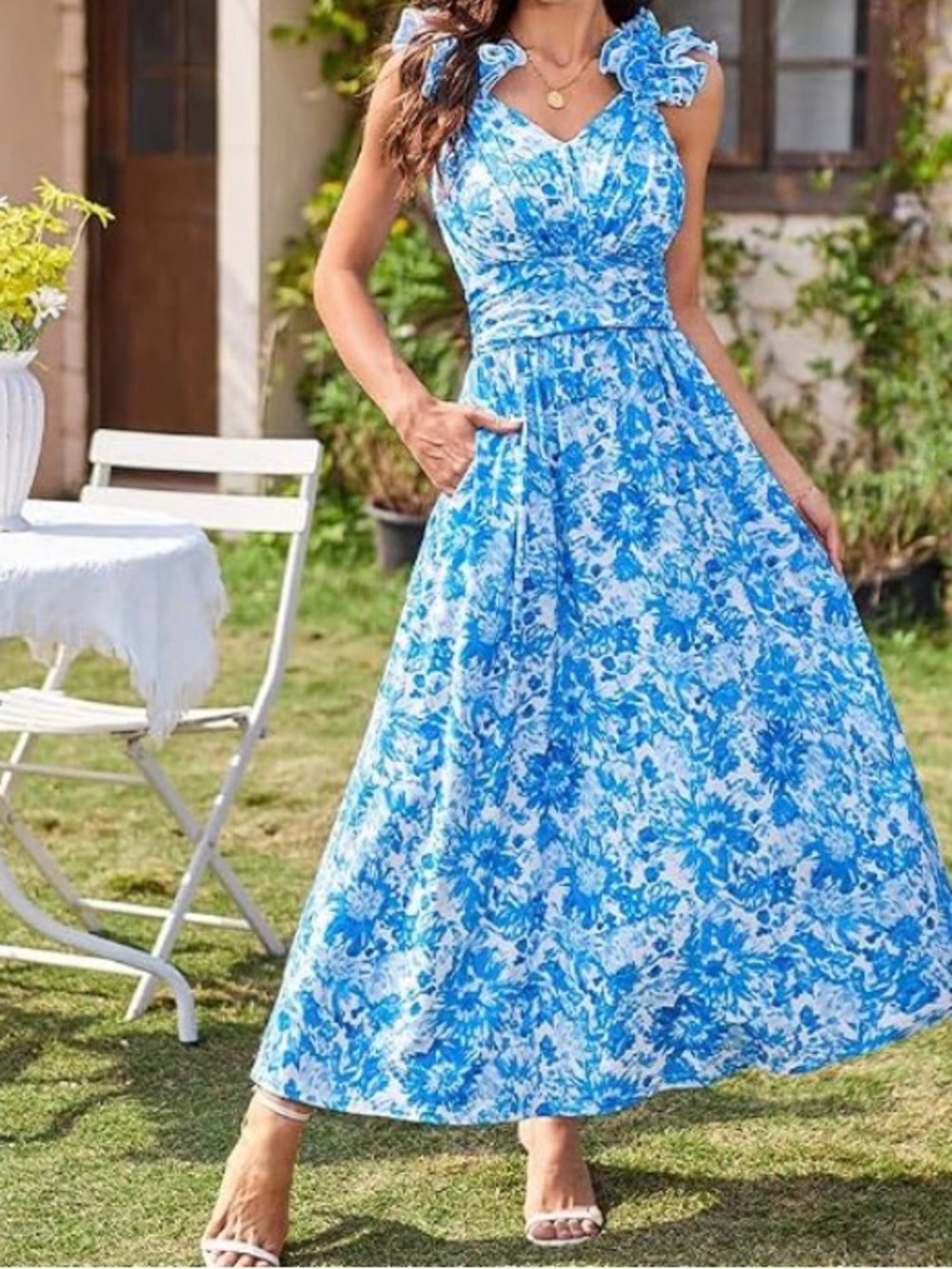 Blue Floral Sleeveless Maxi Dress with Ruffle Straps